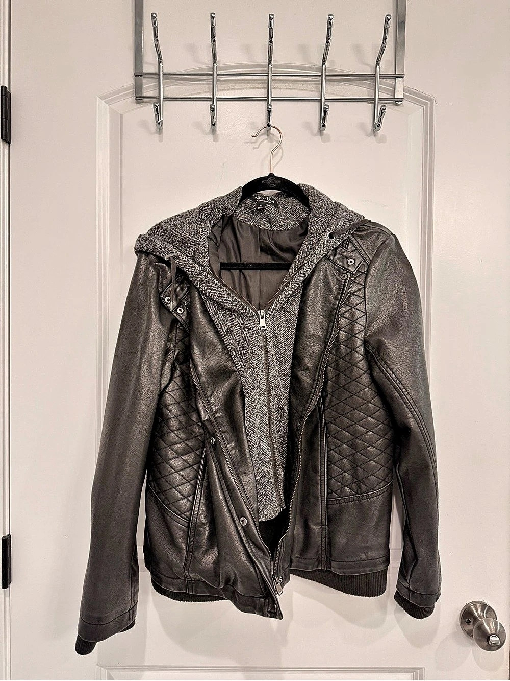 Mo-Ka Meriam Faux Leather Jacket with Knit Hood Gray XL